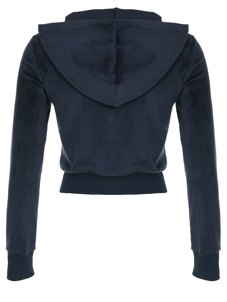 Velvet Jacket Zip Up Front-pocket Hood Coat Overcoat