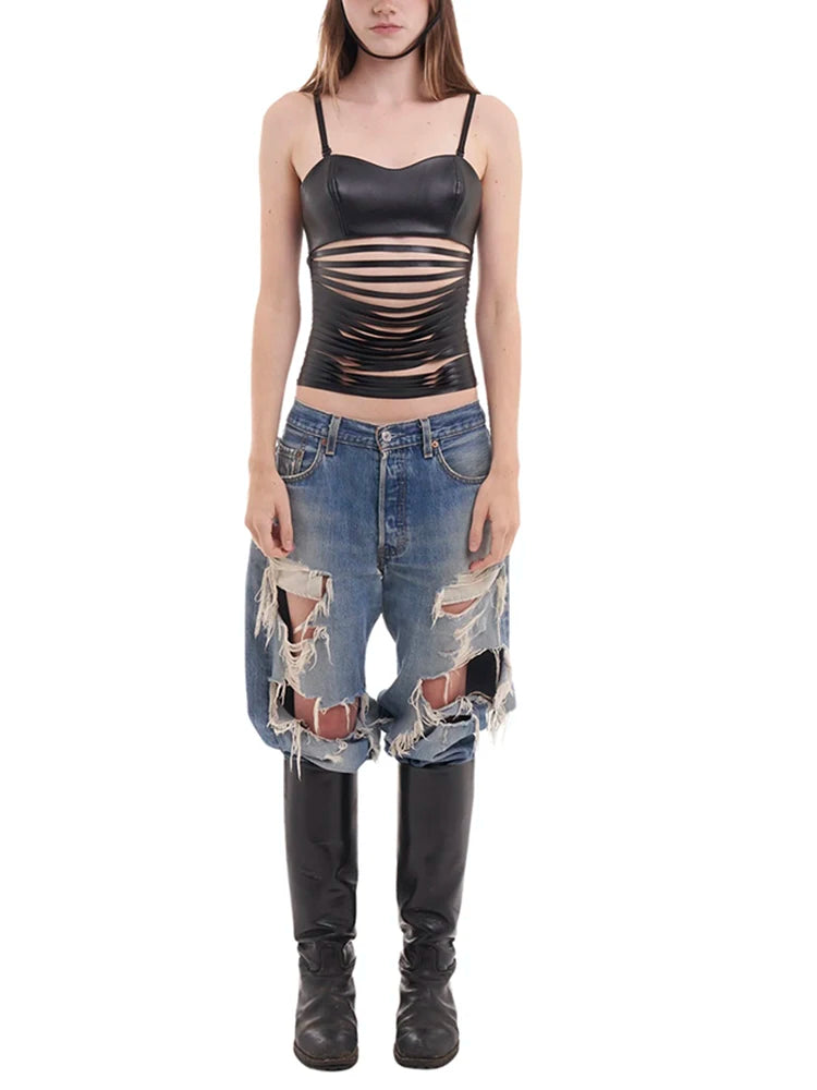 Faux Leather Camisole Top Multi-Cutout Midnight tie Versatile Mini Top