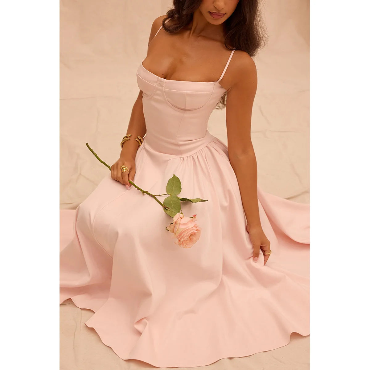 Dress for Pink Spaghetti Strap Midi Dress with Pocket Long Dress