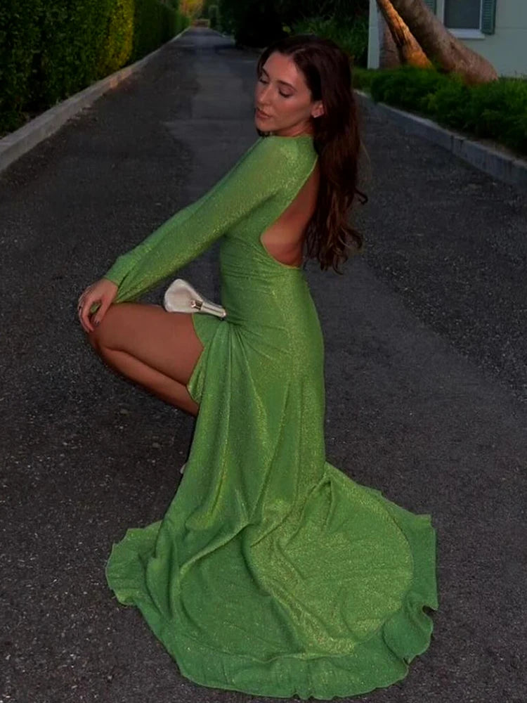Backless Bright Silk Shiny Maxi Dress Green Long Sleeve Dress