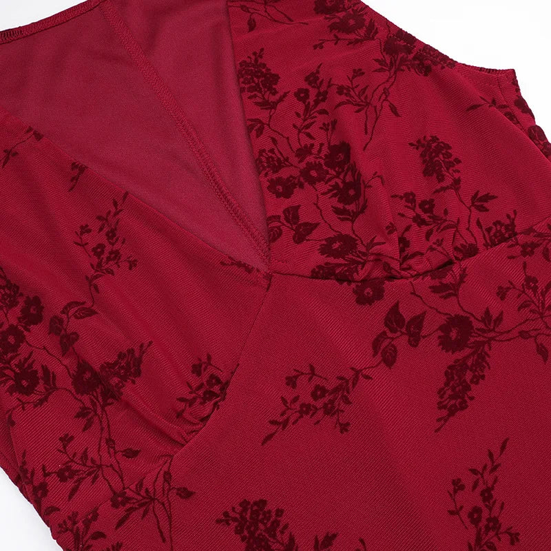 Printed Deep V Long Dress Floral Contrast Color Sleeveless Waist Slim Dress Long Dress