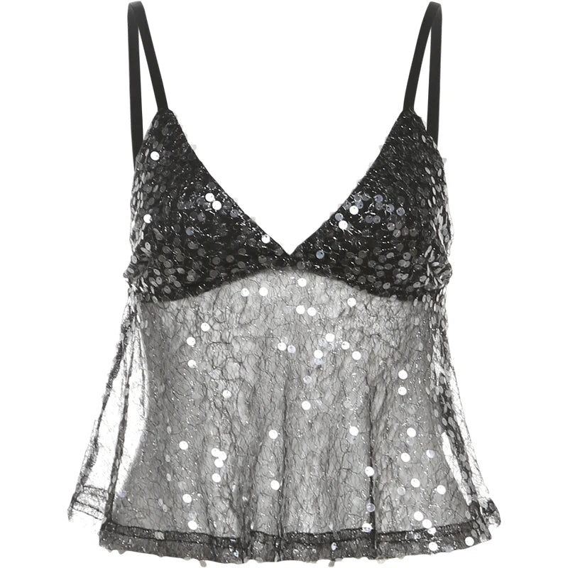 Black Sequins V-Neck Backless Top
