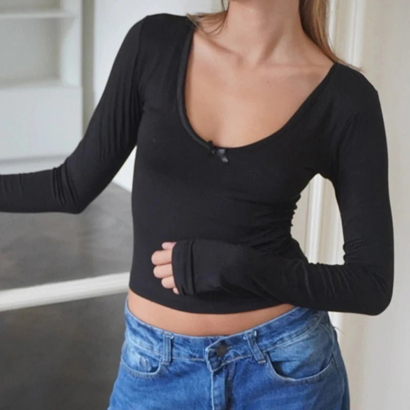Crewneck Bow Tee Shirt Long Sleeve Slim