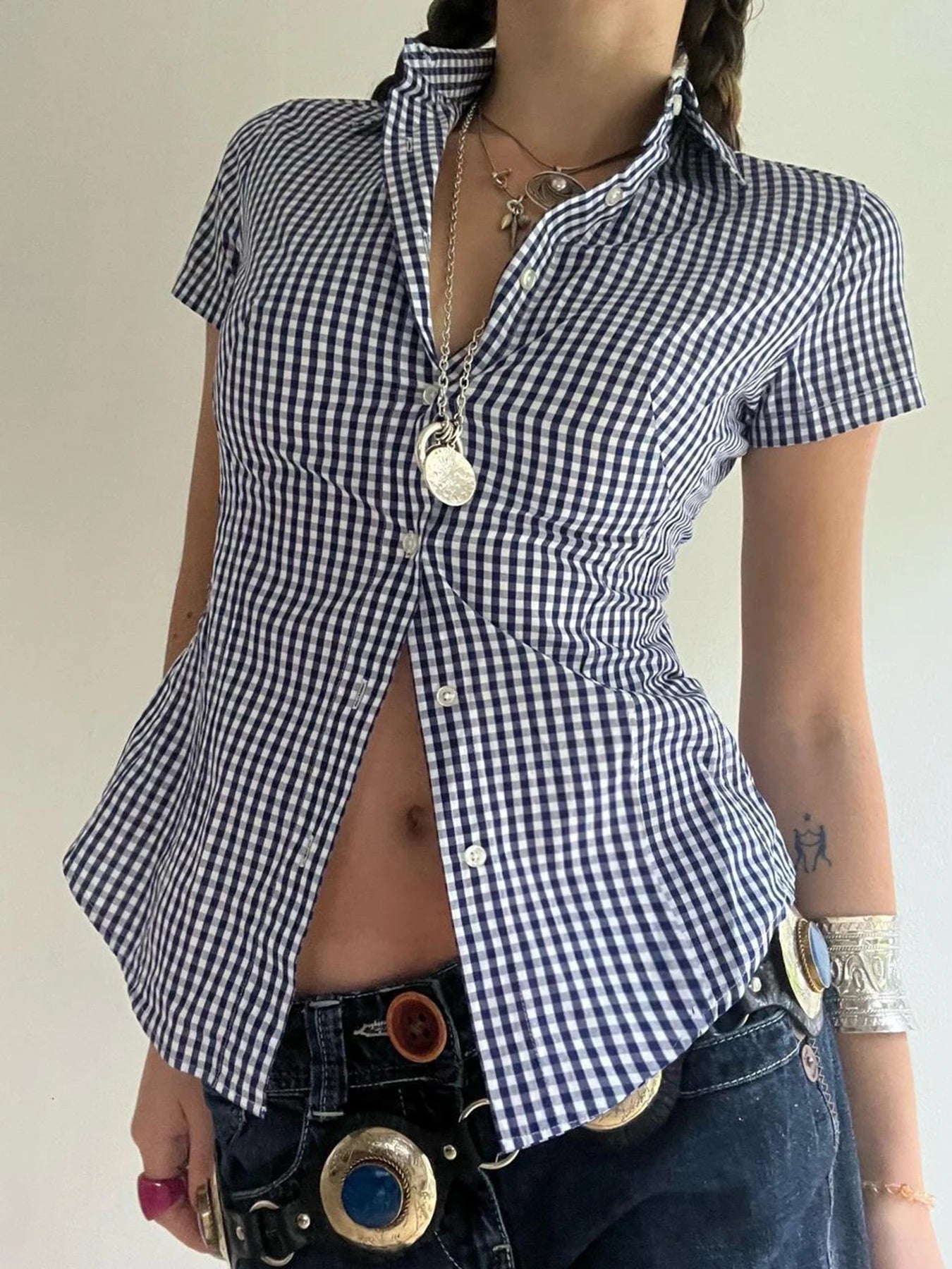 Plaid Bloue Button Up Short Sleeve Tuurn-down Neck Top