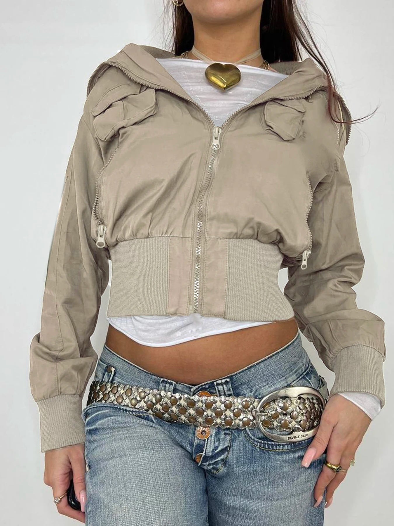 Patchwork Jackets Pockets Turn-down Collar 's Coats Zipper