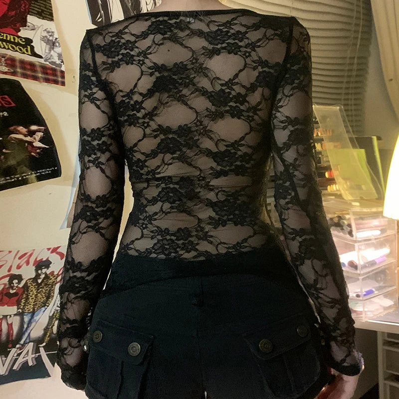 Crewneck Tee Shirts Lace Patchwork Slim Black Top