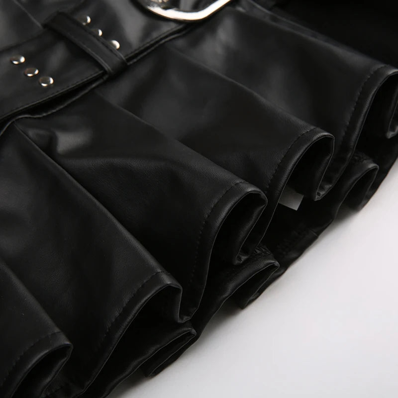 Low Waisted PU Black Mini Shorts Grunge Adjustable Zipper Bottoms