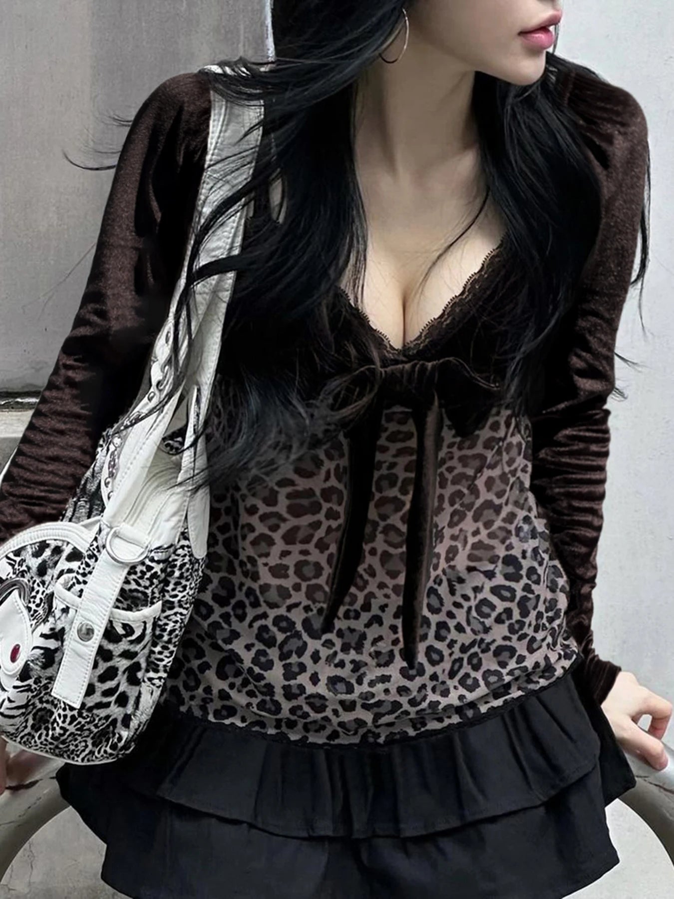 Lace Patchwork Leopard print T-shirts Lace-up Long Sleeves Strap Retro Top