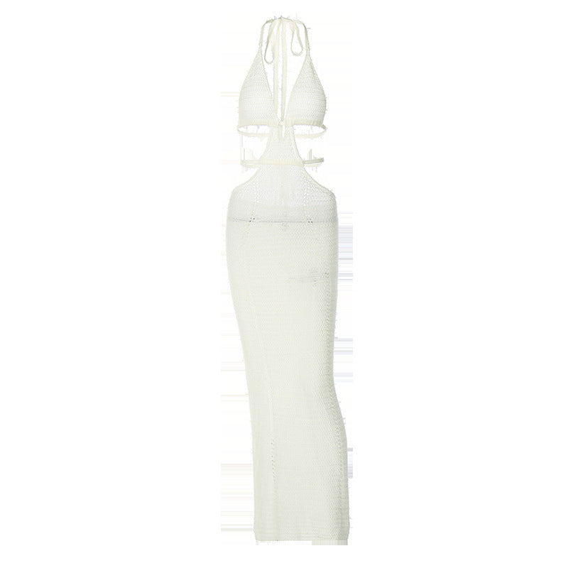 Halter Tie-up Knit Crochet Dress Backless Sleeveless Deep V Cutout Waist Wrapped Bodycon Dress