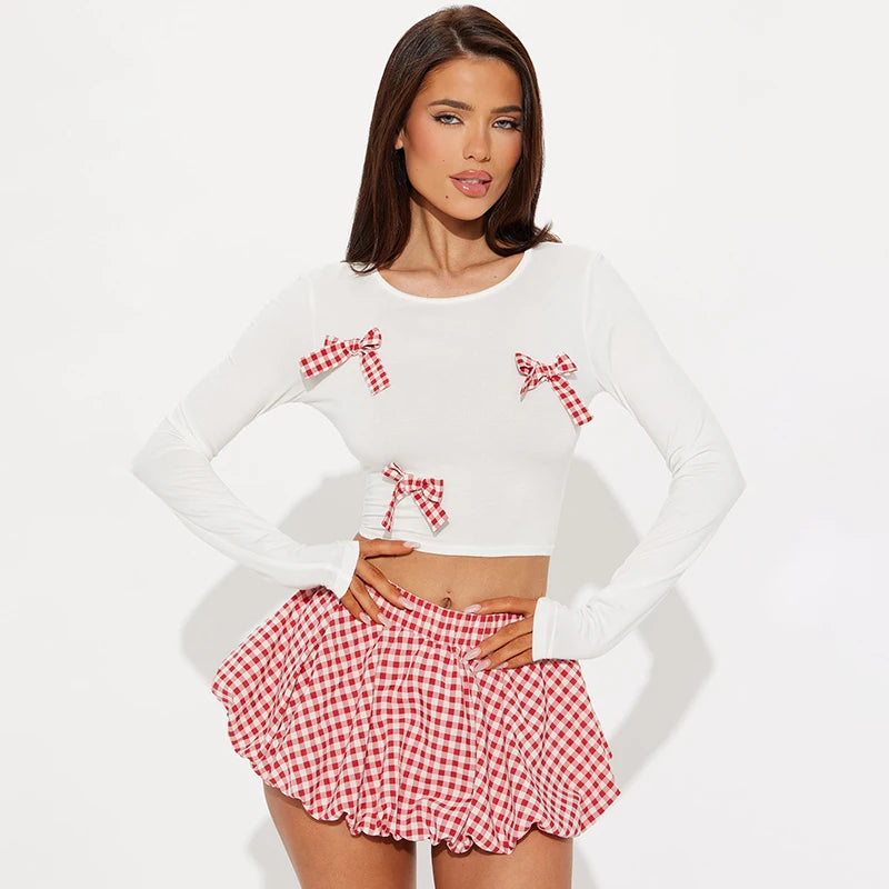 Set Bowknot Dress Round Neck Long Sleeve Crop Top Sobriety Plaid Pod Mini Skirt Set Lovely tie