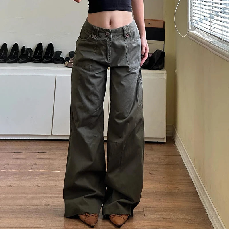 Retro Denim Cargo Pants Low Waisted Jeans Pockets Cotton Bottoms