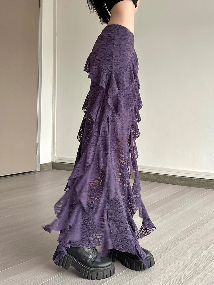 Irregular Ruffles Lace Patchwork Skirt