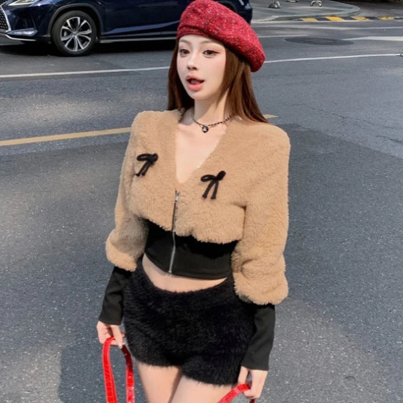 Bow V-Neck Long-Sleeve Jacket Lamb Wool Wait Slimming Top