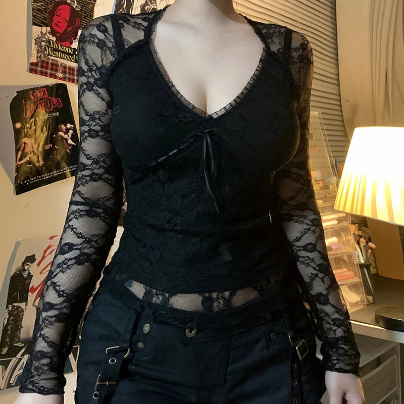Lace Patchwork Long Sleeves Slim Tee Shirts V-neck Bow Black Top