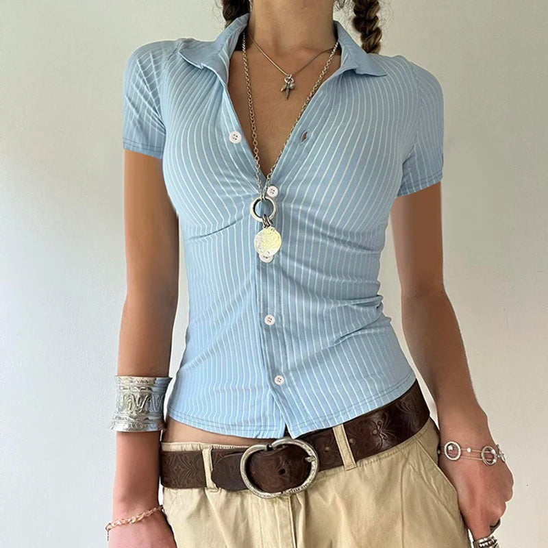 Button Up Tee Shirts Striped Print Short Sleeves 's Top