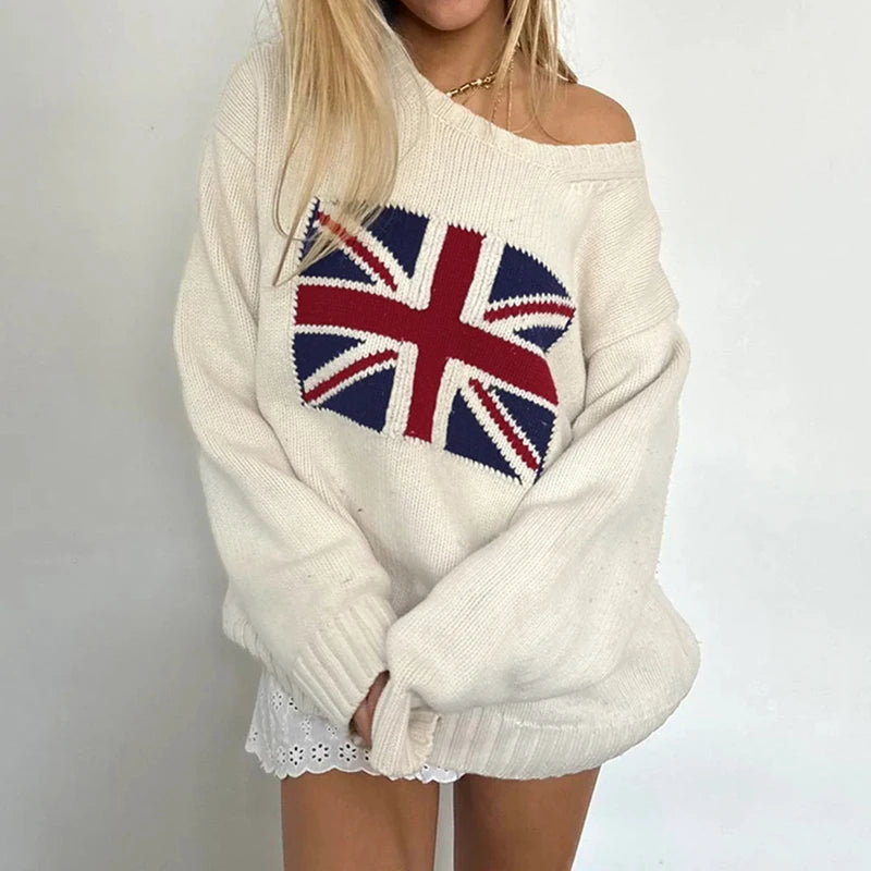 Graphic Patchwork Knitted Sweaters Crewneck Loose Crochet Top Pullovers