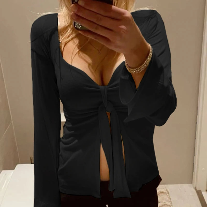 Front Lace-up Black Shirt Long Sleeve