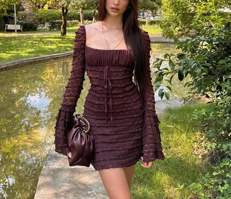 Slim Fitting Backless Low-cut Lace Up Mini Dress Texture Long Sleeve Dress