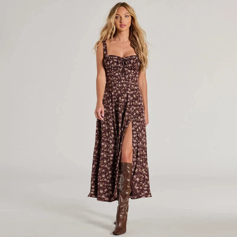 'S Spring Floral Backless Chest Strap Slim Camisole High Open k Dress Rustic