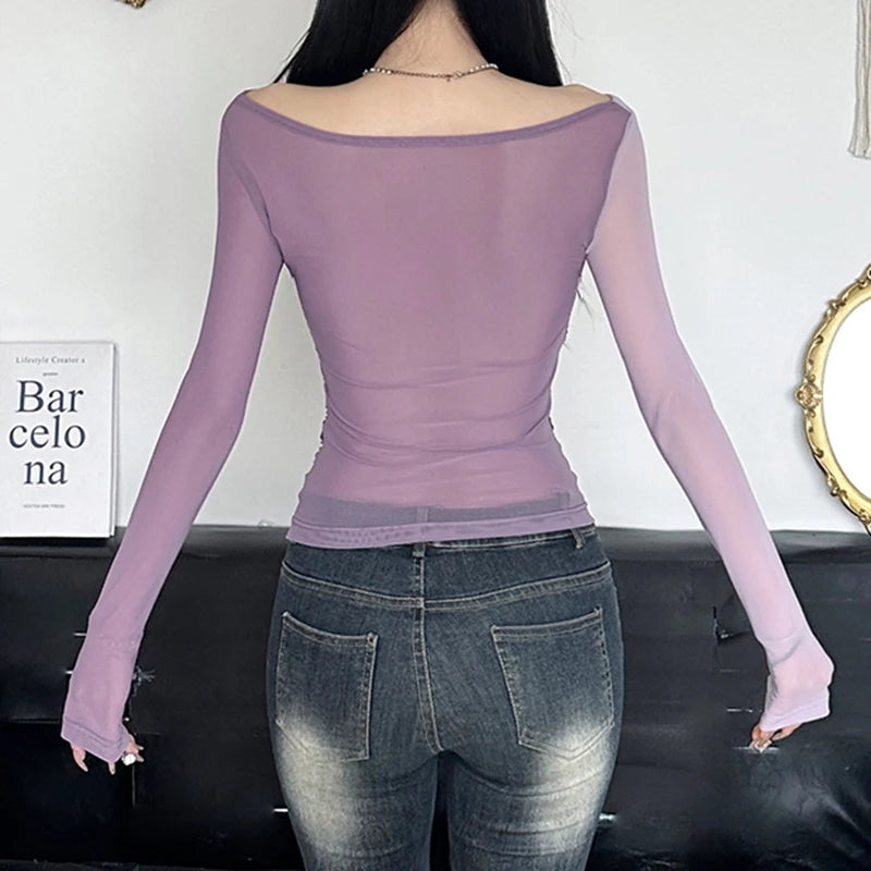 Patchwork Asymmetry Slim Tee Shirts Long Sleeves V-neck 's