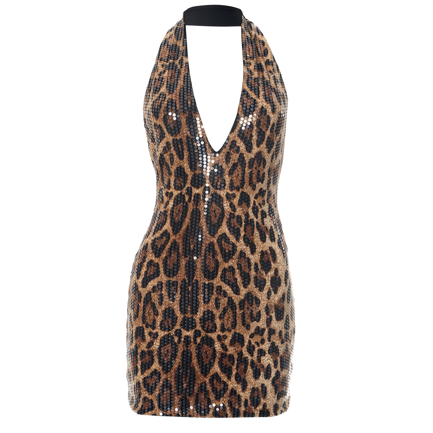'S Sleeveless Hanging Neck Leopard Print Beaded Deep V-Neck Revealing Backpack Hip Dress