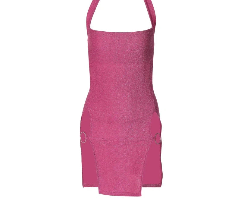Shiny Halter Backless Slim Midi Dress with Side Slit