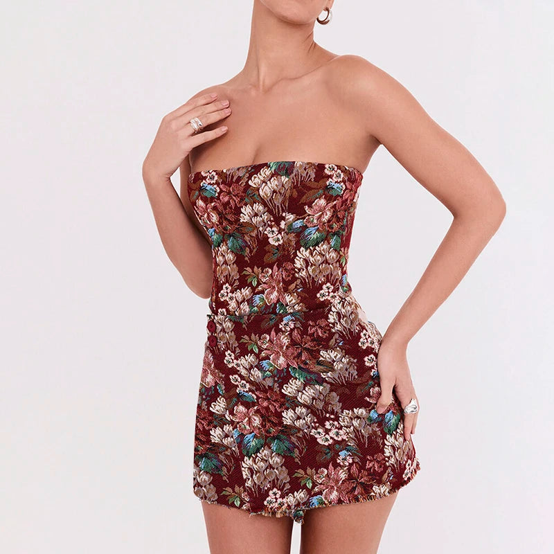 Sleeveless Strapless Sheath Floral A-Line Hem Button Mini Short Girl