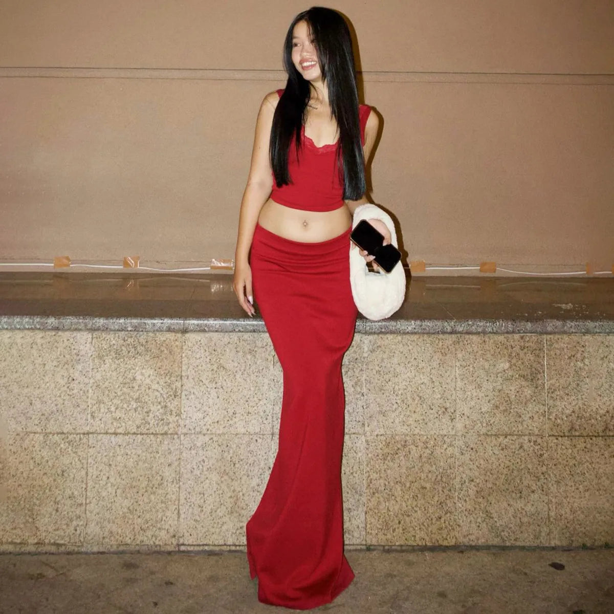 Red Top and Maxi Skirt Two Piece Set