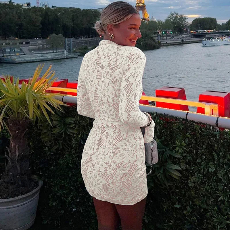 Lace Hollow Out Long Sleeve Mini Dress Half High Collar Bodycon Dress Dresses