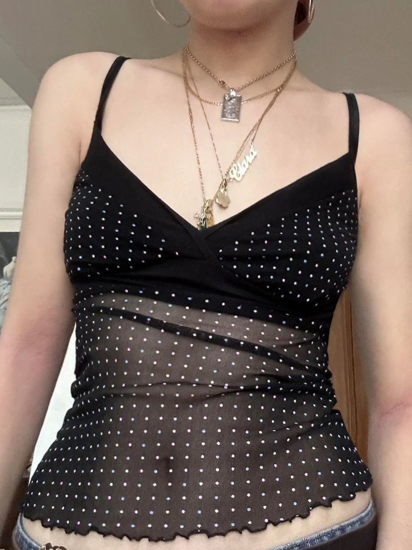 Dot Print Crop Bustiers V-neck Transparent Patchwork Sleeveless Camisole Backless