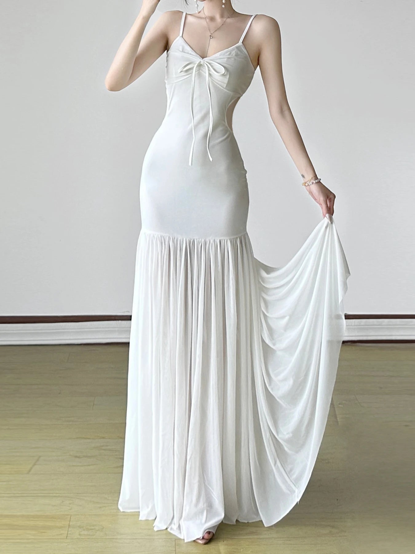 Hollow Out Patchwork Mesh Dress Slim V-Neck Sleeveless Maxi