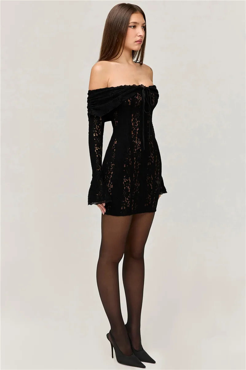 Lace Off-shoulder Maxi Dress Strapless Backless Long Sleeve Bodycon Evening Long Dress