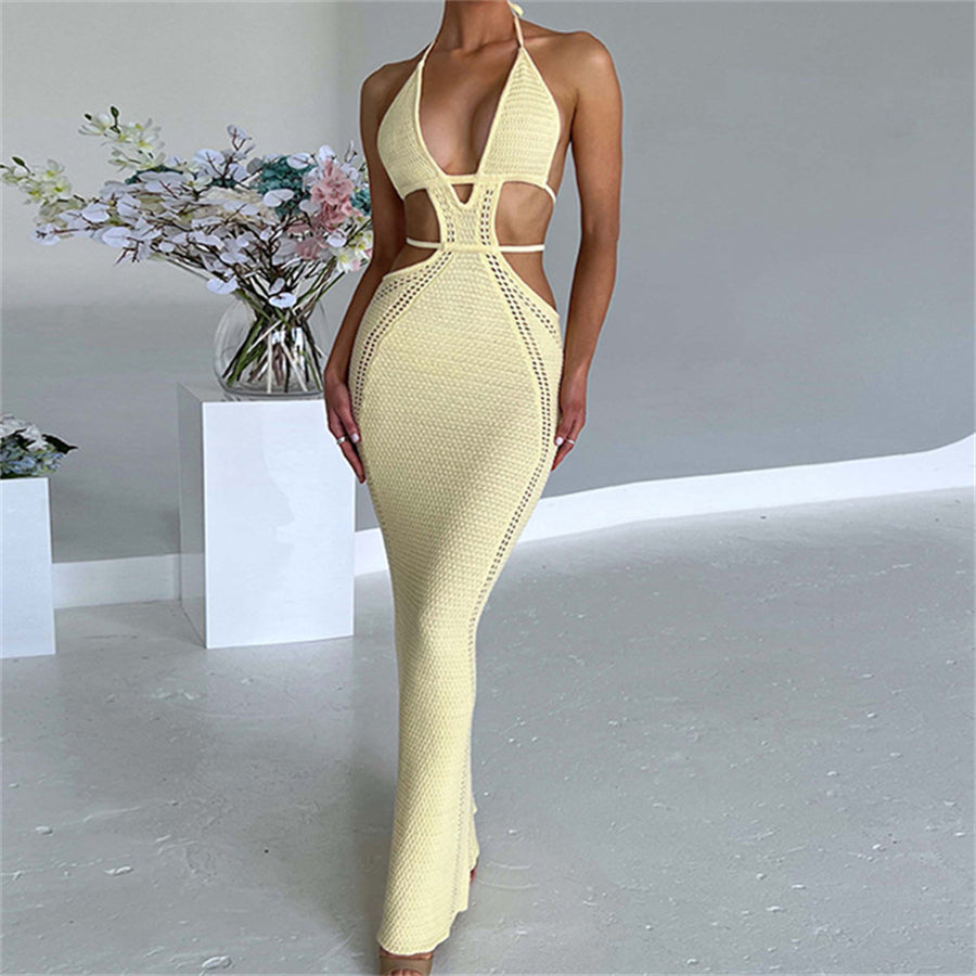 Halter Tie-up Knit Crochet Dress Backless Sleeveless Deep V Cutout Waist Wrapped Bodycon Dress