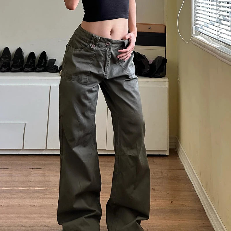 Retro Denim Cargo Pants Low Waisted Jeans Pockets Cotton Bottoms