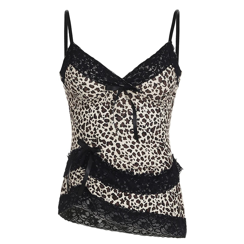 Lace Patchwork Camisole Leopard Print Backless Top V-neck Sleeveless Fairycore