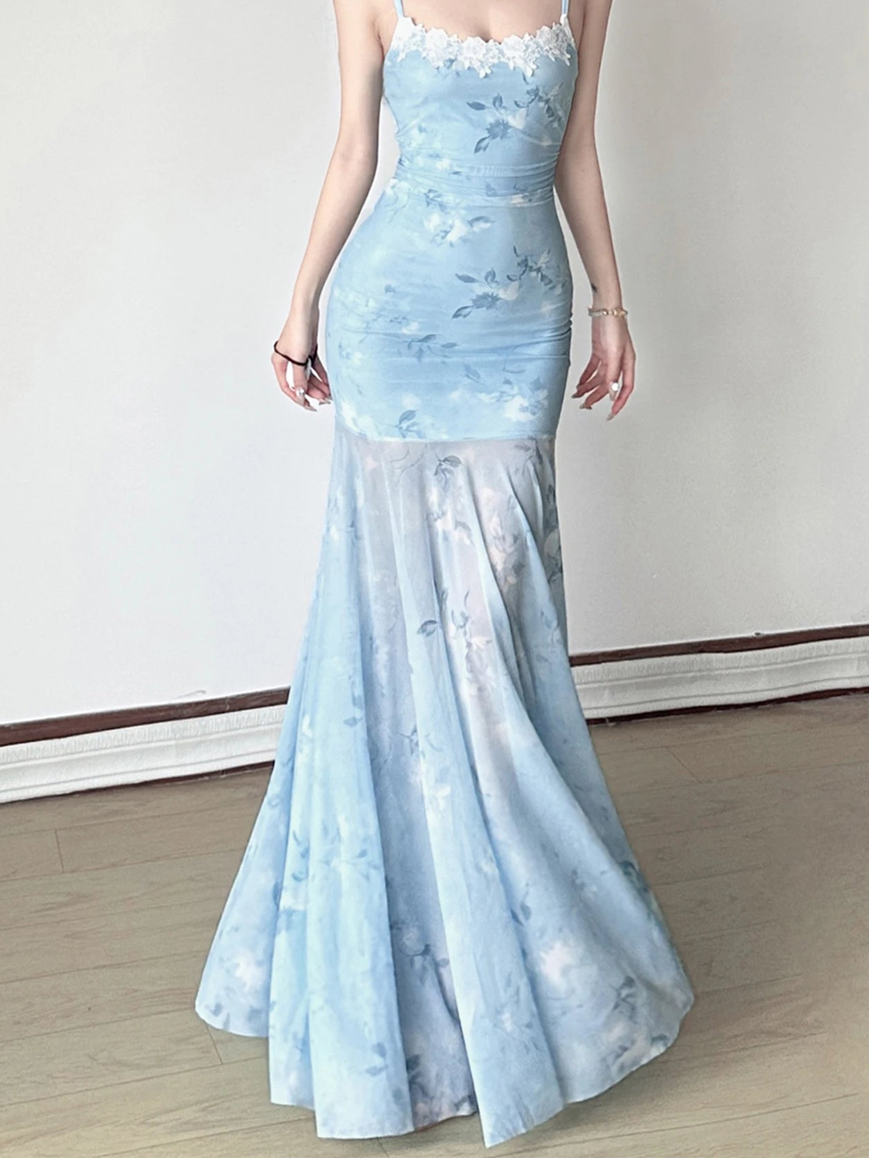 Lace Trim Mesh Dress Floral Slash Neck Sleeveless Maxi