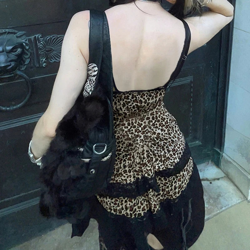 Lace Patchwork Camisole Leopard Print Backless Top V-neck Sleeveless Fairycore