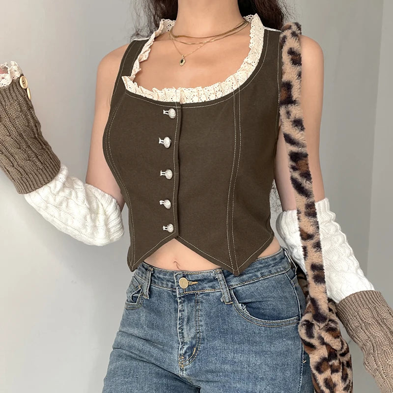 Lace Patchwork Button Up Tank Top Square Collar Sleeveless Slim