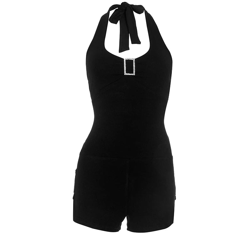 'S Color Tie Rope Hanging Neck Elastic Adjustable Buckle Backless Hollow Out Package Hip Playsuit
