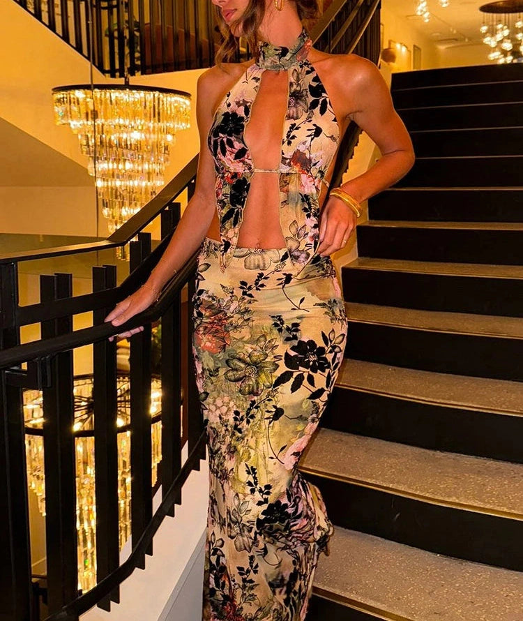 Print Two Piece Set High Street Halter Crop Tanks Matchig Skirt Suits