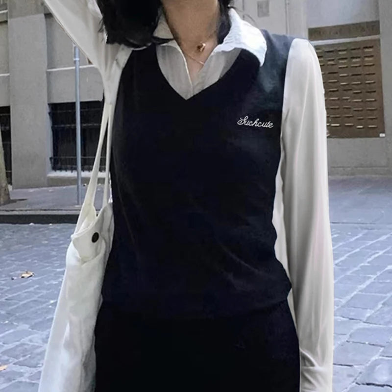 Patchwork Turn-down Neck Tee Shirts Preppy Long Sleeves