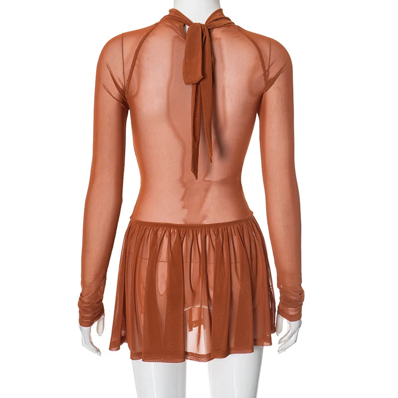 See-Through Hollow Out Meh Patchwork Round Neck Pullover Lace-Up Long-Sleev Hip Mini-Dress