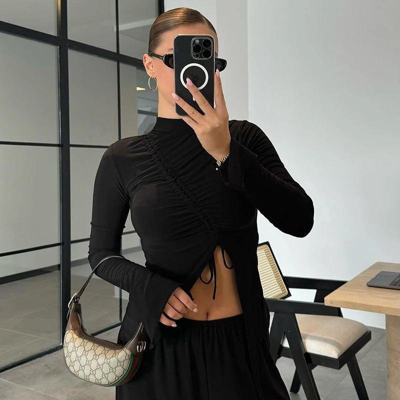 Half Neck Collar Long Sleeve Top Irregular Deign Drawtring Wrinkle Crop Top Skintight