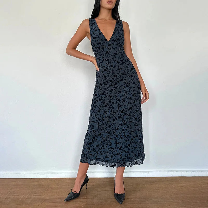 Printed Deep V Long Dress Floral Contrast Color Sleeveless Waist Slim Dress Long Dress