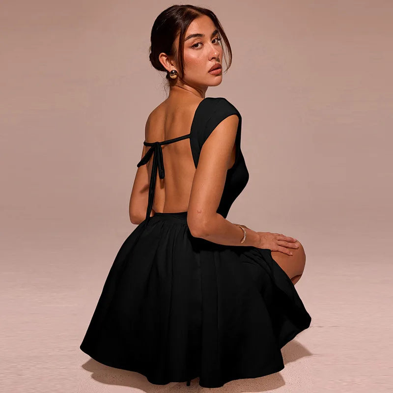 Backless A-line Dress Black Sleeveless High Waist Dress Slim