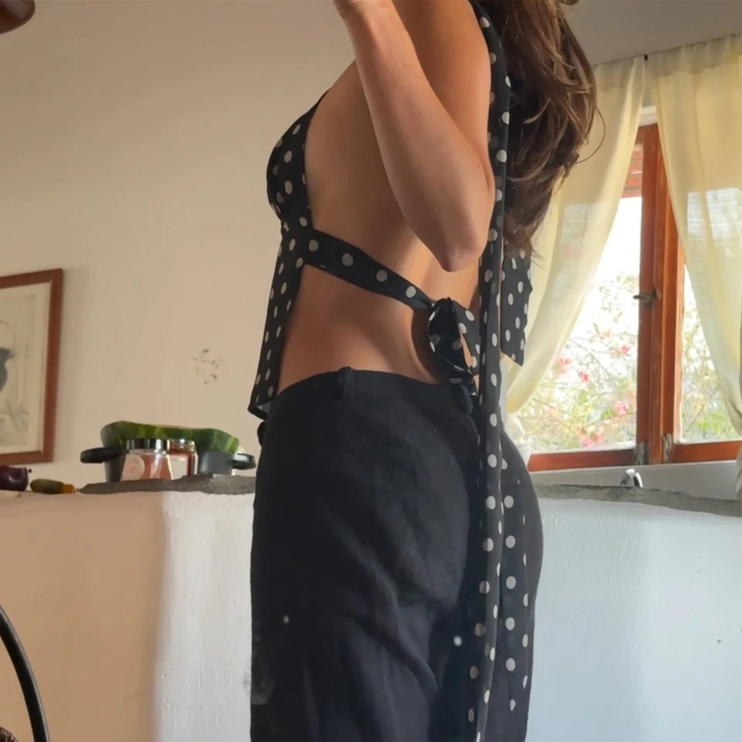 Backless V-Neck Polka Dot Top