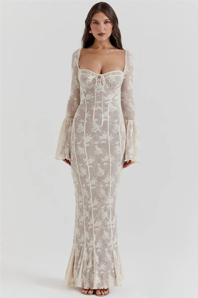 Lace Long Flare Sleeve Maxi Dress Square Collar Backless Bodycon Dress