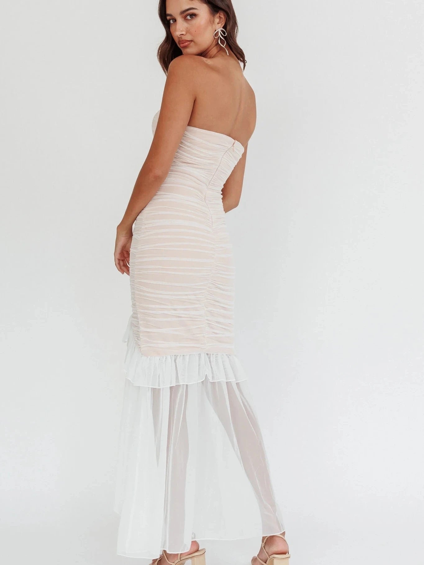 Mesh Patchwork Ruffle Edge Double Layered Dress For Bodycon Zipper Tight Dress
