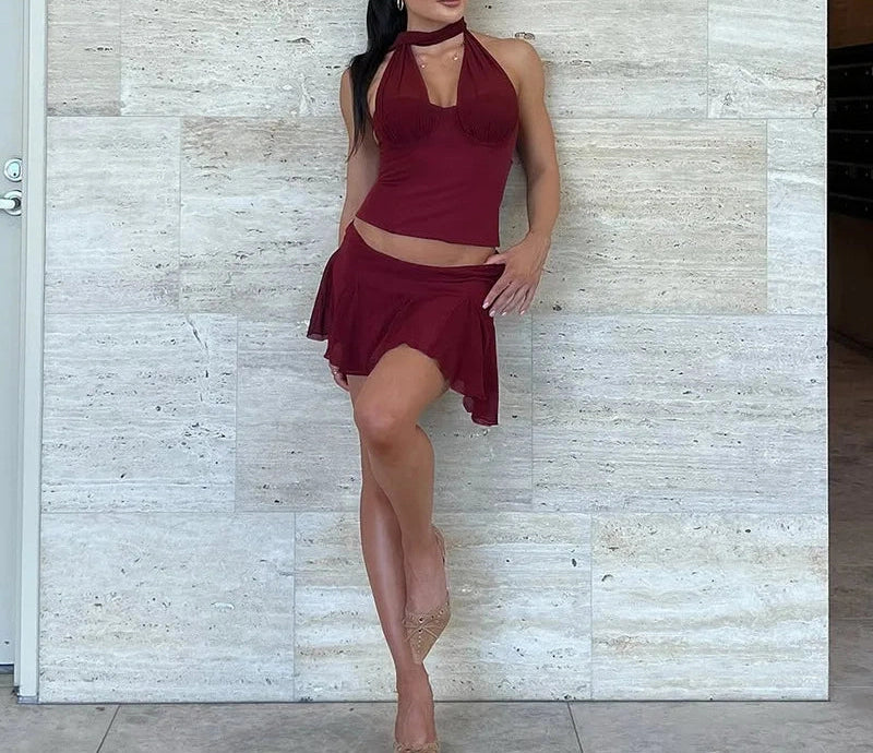 Mesh Wrap Around Halter Sets Backless Top and Skirt Co-ords Set