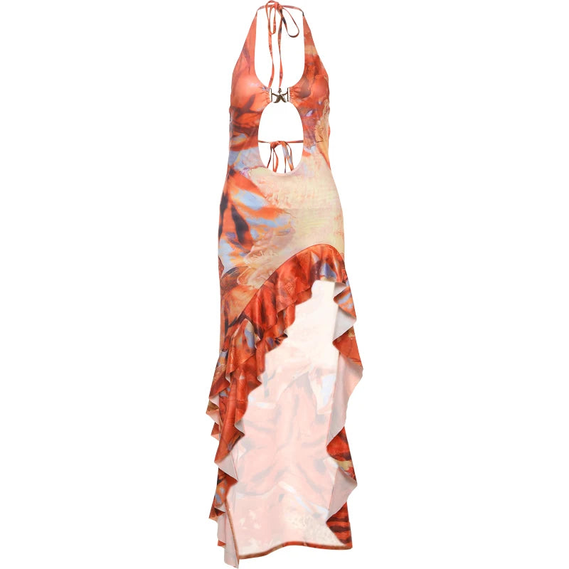 Orange Halter Backless High Split Maxi Dress with Ruffles